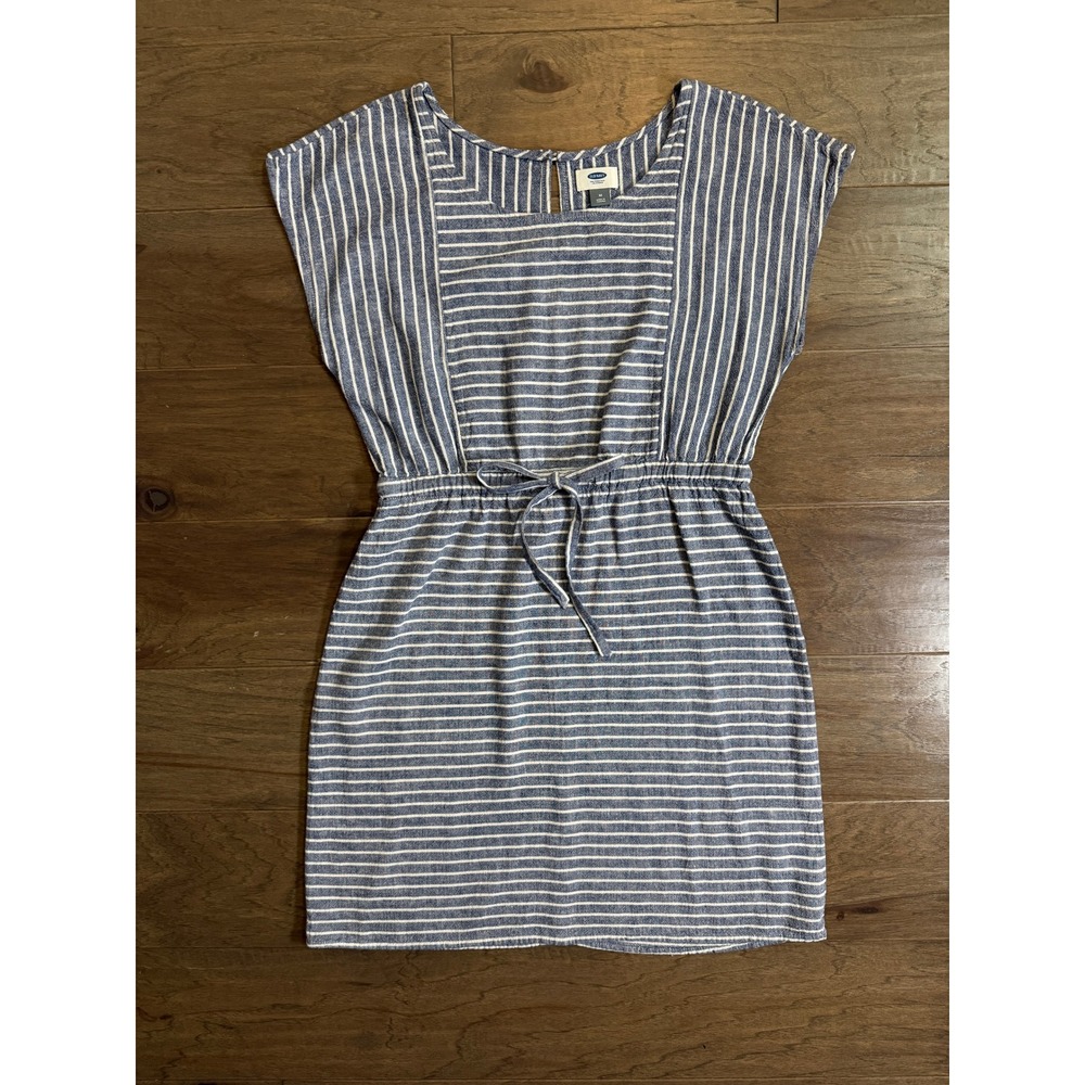 Old Navy Blue White Striped Linen Blend Drawstring Waist Dress Medium - Picture 1 of 5